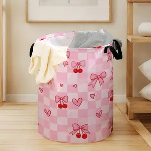 Valentine's Day Bow Cherry Print Laundry Basket with Handle, Durable Halloween Foldable Dirty Clothes Storage Bin, Large Capacity Toy Organizer