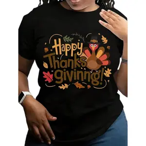 Women's Funny Thanksgiving  Graphic T-Shirt - White,Black Crew Neck Tee With Pumpkin & Autumn Leaves Design - Non-Stretch Casual Shirt For Thanksgiving, Halloween, Easter