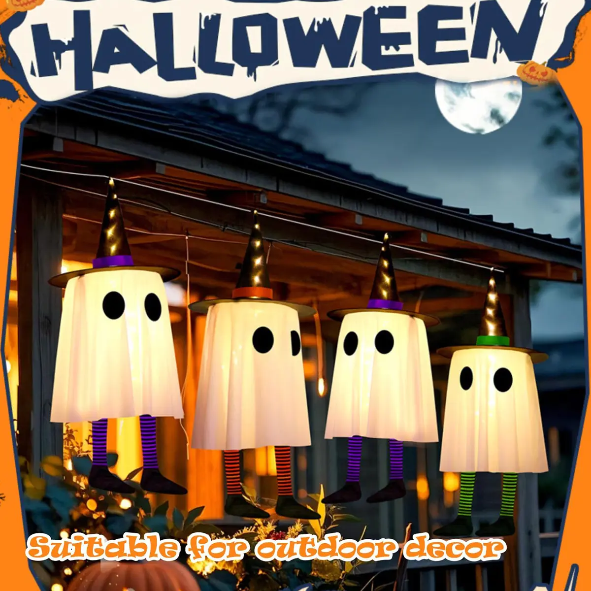 Set of 3 Halloween Hanging Ghosts,Halloween Decorations Outdoor Hanging Ghosts with Witch Hat,Glowing Ghost Witch Hat Light, Halloween Ghost Decor for Yard Patio Garden Tree Outside(3 Ghost Lighted)