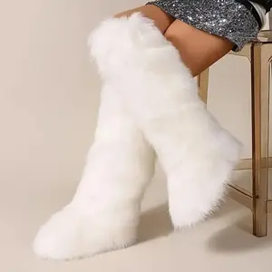 Women's Chic Faux Fur Knee High Snow Boots Slip On Winter Warm Shoes with Soft Velvet Lining PVC Sole Cozy Comfortable for Daily Walking Outdoor Errands Cold Weather Days Shopping Trips Casual Outfits Girls Adults