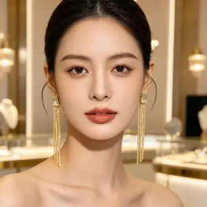 Hollow Square Champagne CZ Top Mesh & Stick Fringe Tassel Earrings, Post Back Long Drop Statement Earrings for Bridal Club