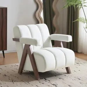 Mid Century Modern Accent Chair with Solid Wood Frame, Upholstered Living Room Chairs with Thick Cushion, Comfy Tufted Arm Chair for Bedroom, Living Room, Velvet, Ivory Lounge Home Office Unique Design Soft To The Touch Stable Classic