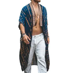 Men's Lightweight Summer Robe – Green Tie-Dye Kimono Cardigan, V-Neck, Relaxed Fit |       Polyester, Beach & Leisure Knitwear Menswear Vneck Spandex Knitted Mesh Breathable Knitted Outfit
