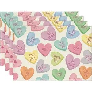2D flat printing, 2-piece/4-piece/6-piece/8-piece Valentine's Day heart-shaped themed placemat set, 12x18 inches, rectangular table mat with love phrases, suitable for restaurant and kitchen party decoration