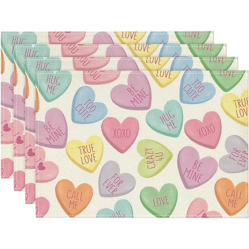 2D flat printing, 2-piece/4-piece/6-piece/8-piece Valentine's Day heart-shaped themed placemat set, 12x18 inches, rectangular table mat with love phrases, suitable for restaurant and kitchen party decoration