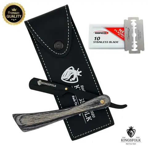 KINGSFOLK Men's Professional Natural Wood Handle Straight Razor Kit - Stainless Steel Manual Shaver, 10 Double Edge Blades, Leather Pouch, All Daily Shaving Tool for Beard Hair Grooming, Flawless Smoothing Self Care Item