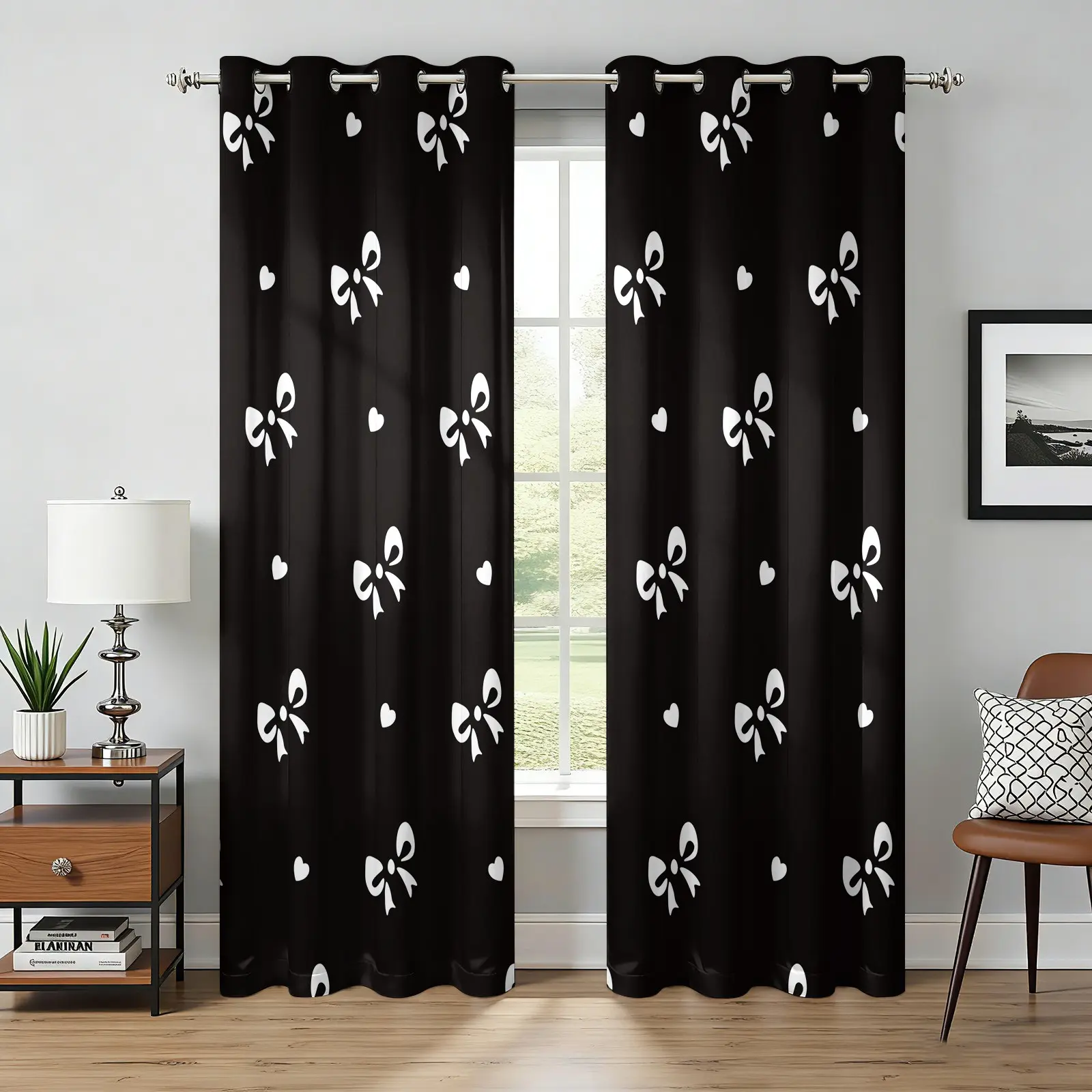 2 Panels Coquette Y2K White Bow Heart Print Blackout Thermal Insulated Curtains, Black Background, Grommet Top Girly Decoration Curtains, Window Drapes, For Teen Girls Bedroom & College Dorm Decor