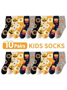 10 Pairs Mixed Color Kids Socks, Cute Cartoon Burger French Fries Pattern, Unisex Knee High Socks for Boys Girls Teens, Casual Daily Wear, Casual Stylish Socks