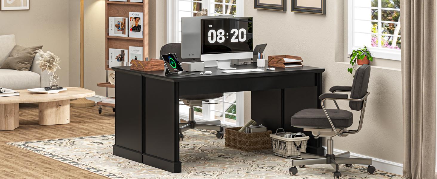 Vabches Farmhouse 59" Executive Simple Sturdy Computer Desk,Spacious Workstation for Home Office, Remote Work & Study,Pure Black