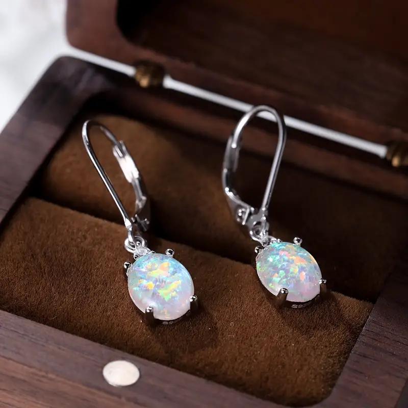 925 Sterling Silver Dangle Earrings: Multi Colors Inlaid Opal in Egg Shape for Daily Outfits and Party Décor
