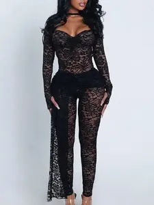 SEE THROUGH Lace Open Back Long Sleeve Legging Pant Set with Draping Lace Detail Party Outfit