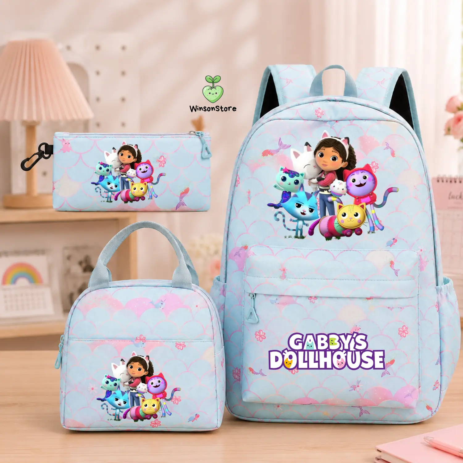 Gabby's Dollhouse Backpack Set, Kids School Backpack 3PCS, Lunch Bag & Pencil Case, Cartoon School Bag for Girls, Back to School Gift