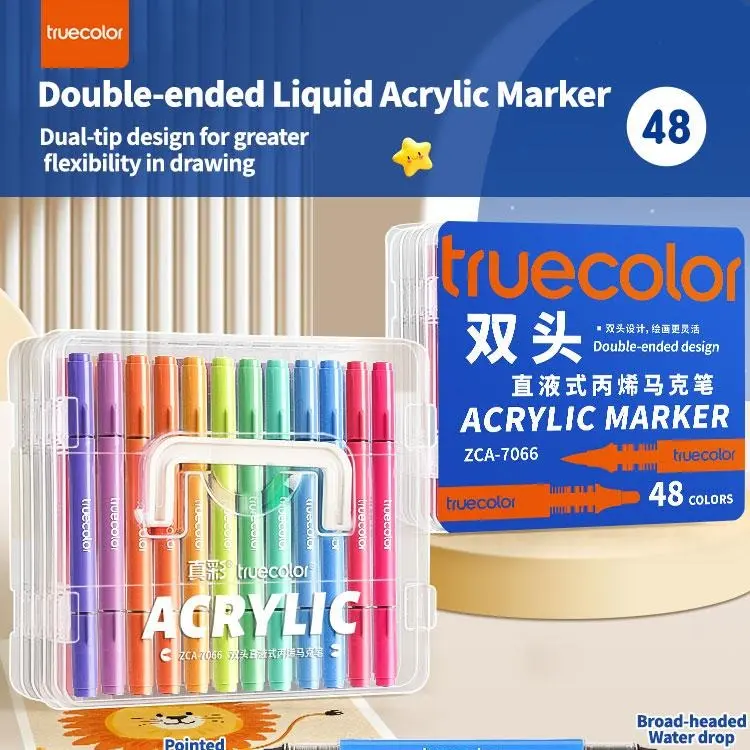 Truecolor 48-Colors Dual-Tip Water-Based Liquid Acrylic Markers - Double-Ended Office Stationery, Premium Writing & Correction Tool for Drawing, Ideal for Art Enthusiasts