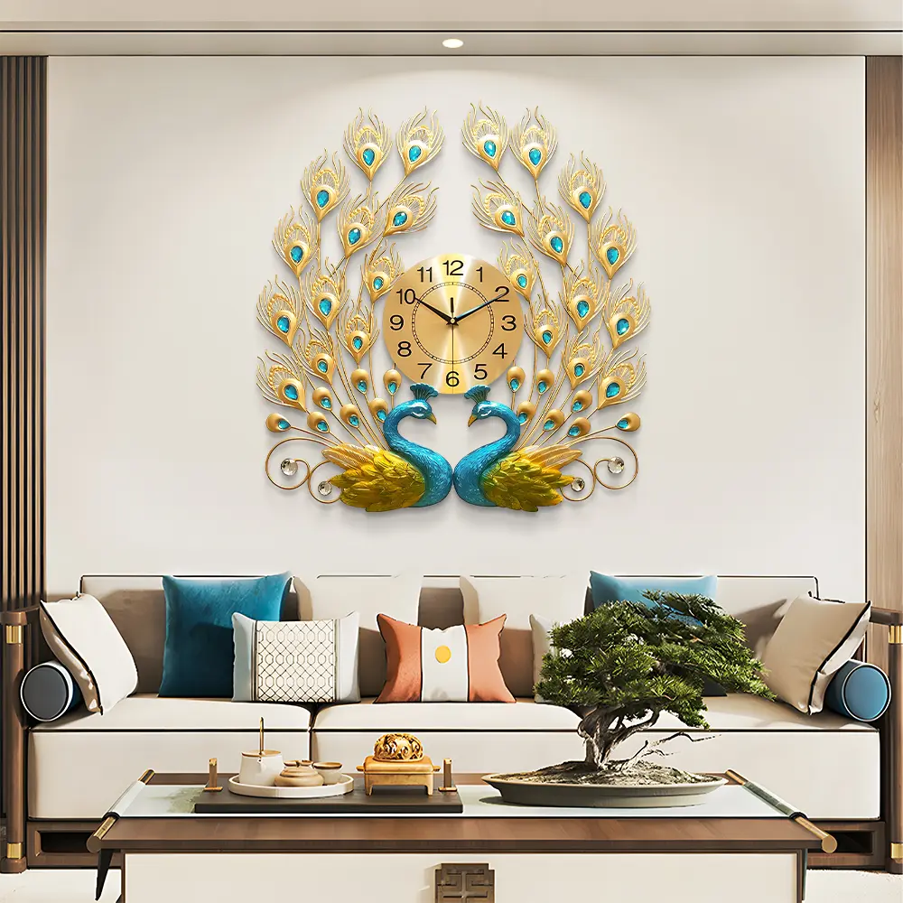 Large Peacock Wall Clock 25.6 Inch Non-Ticking Silent Crystal Creative Modern Art Decorative Wall Clocks for Living Room Decor