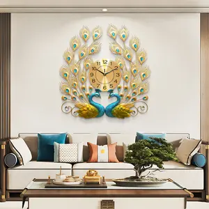 Large Peacock Wall Clock 25.6 Inch Non-Ticking Silent Crystal Creative Modern Art Decorative Wall Clocks for Living Room Decor