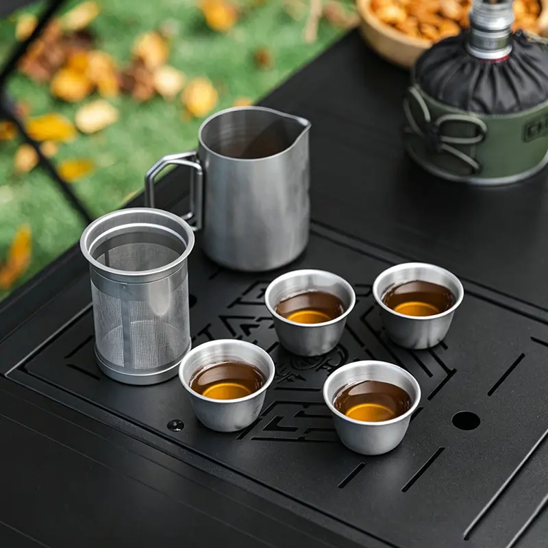 Portable Outdoor Tea Set 304 Stainless Steel, Travel Camping Teapot with Cup Set, Compact Easy Storage for Campfire Brewing Hiking Picnic Road Trip Vacation