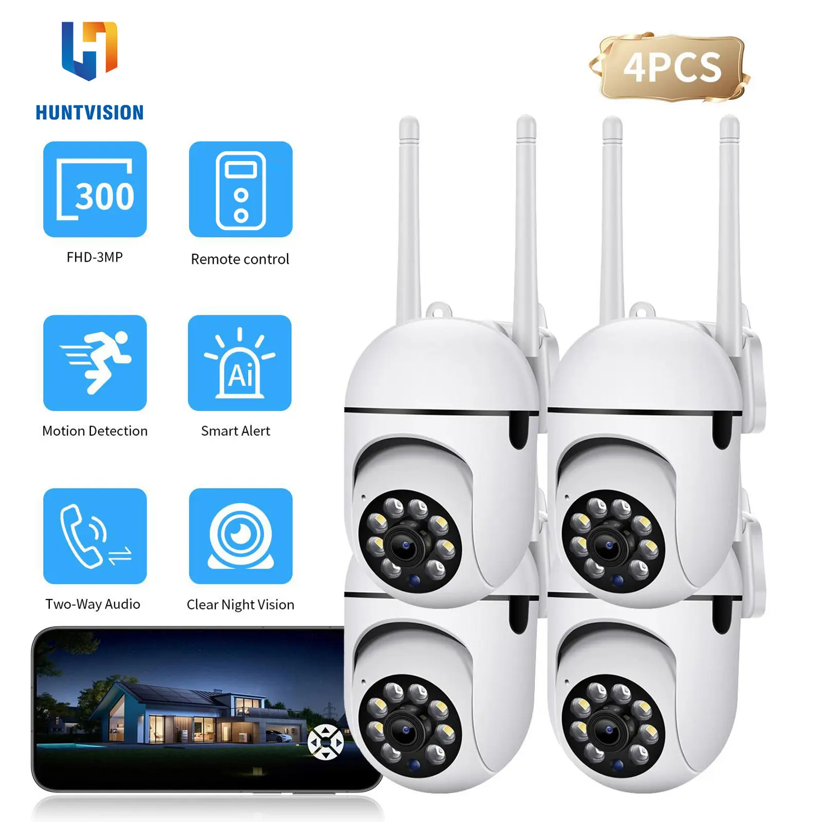 Huntvision 4PCS 3MP Security Camera Smart AI Camera Ultra Clear 360 Panoramic Motion Alert Two Way Talk Night Vision for Homeowners Store Surveillance