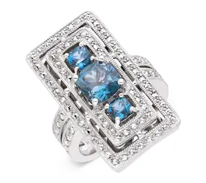Dallas Prince Sterling Chrome Marcasite Blue Topaz Deco Ring