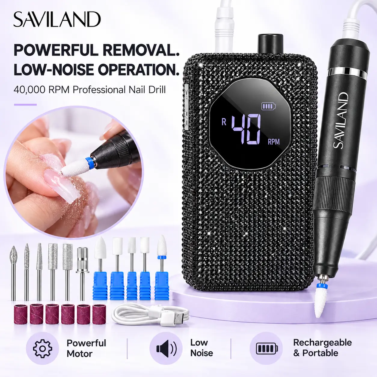 SAVILAND 40000RPM Professional Carbon-Aluminium Nail Drill - Portable Electric File Machine with Ceramic Bit, Sanding Bands, Brush for Fast Acrylic & Gel Removal, Nail Care, Salon & Home Use (Black Diamond)