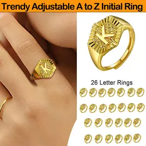 U7 Initial Ring Hexagon A to Z Letter Statement Band Rings for Men Women