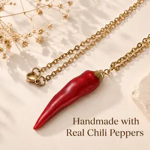 Real Red Chili Pepper Necklace for Women Resin Preserved Natural Vegetable Pendant with Gold Plated Chain Good Luck Charm Funky Gift, Chain & Link, Daily Handmade Fashion Accessory Handmade Jewelry