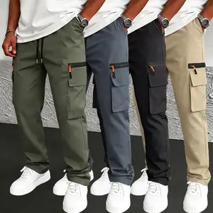 3-pack Menswear Plain Plus-Size Men's Tactical Cargo Pants (Black + Gray + Army Green), Multi-Pocket Design with Faux Zipper Accents, Wear-Resistant for Outdoor Training, Hiking