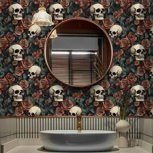 Halloween Waterproof Self-Adhesive Wallpaper Roll, Rose Skull Design, Easy Peel & Stick Wall Sticker, Peel And Stick Wallpaper Designs for Home Decor Kitchen Bedroom Living Room