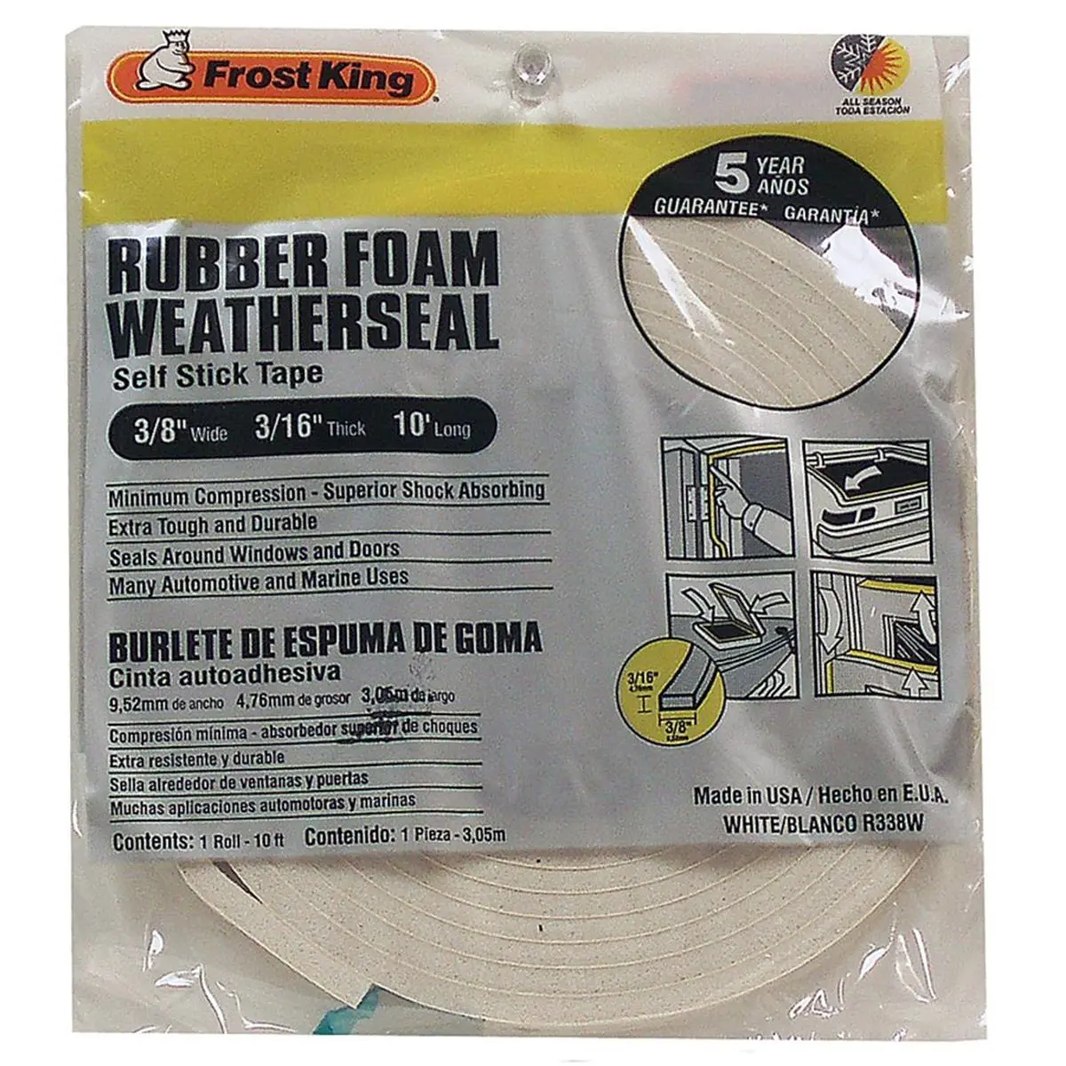 212 MAIN High-Density Self-Adhesive Self-Stick White Foam Weatherstrip Tape, 0.37x0.31x10 ft, Draft Stopper for DIY Weatherstripping