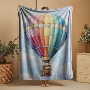 1 piece Rainbow-colored hot air balloons flying in the sky themed flannel blanket - All-season comfortable flannel blanket, modern style, suitable for sofas and beds, digitally printed pattern, super soft and warm, 100% polyester material, machine
