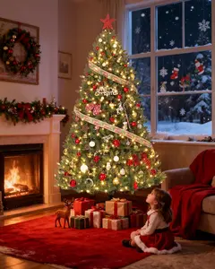 Artificial Christmas Tree Pre-Lit 4.5' Fraser Fir 4 Colors LED 659 Branch Tips Premium Hinged Design Full Natural Look Xmas Tree for Home Office Winter Holiday Indoor Decor Easy Assembly Party Decoration Gifts Multicolor Ornaments Light