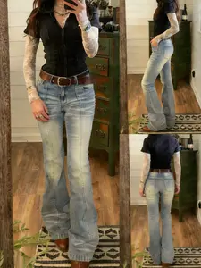Women's Plain Low-Waist Flare Jeans, Casual Bell Bottoms, Vintage Washed Finish, Trousers for Daily Wear, 2026, Ladies Bottoms for All Seasons