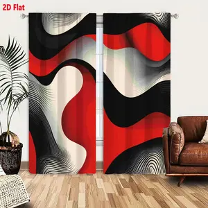 2D Flat Modern Abstract Black Red White Light Gray Wave Pattern Curtain 2-Piece Set, Flowing Wavy Interlock Shapes with Striped Texture, Dynamic Movement Surreal Design for Living Room Bedroom Decor