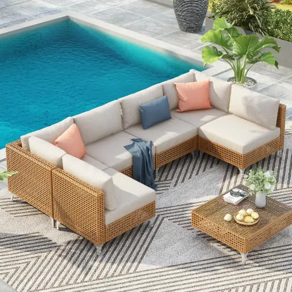 7-Piece Wicker Patio Conversation Set, Modular Outdoor Sectional Sofa with Water Resistant Thick Cushions & Coffee Table, All Weather Rattan Couch for Backyard, Porch, Deck(Beige), Patio Furniture Sets, Outdoor Furniture Sets