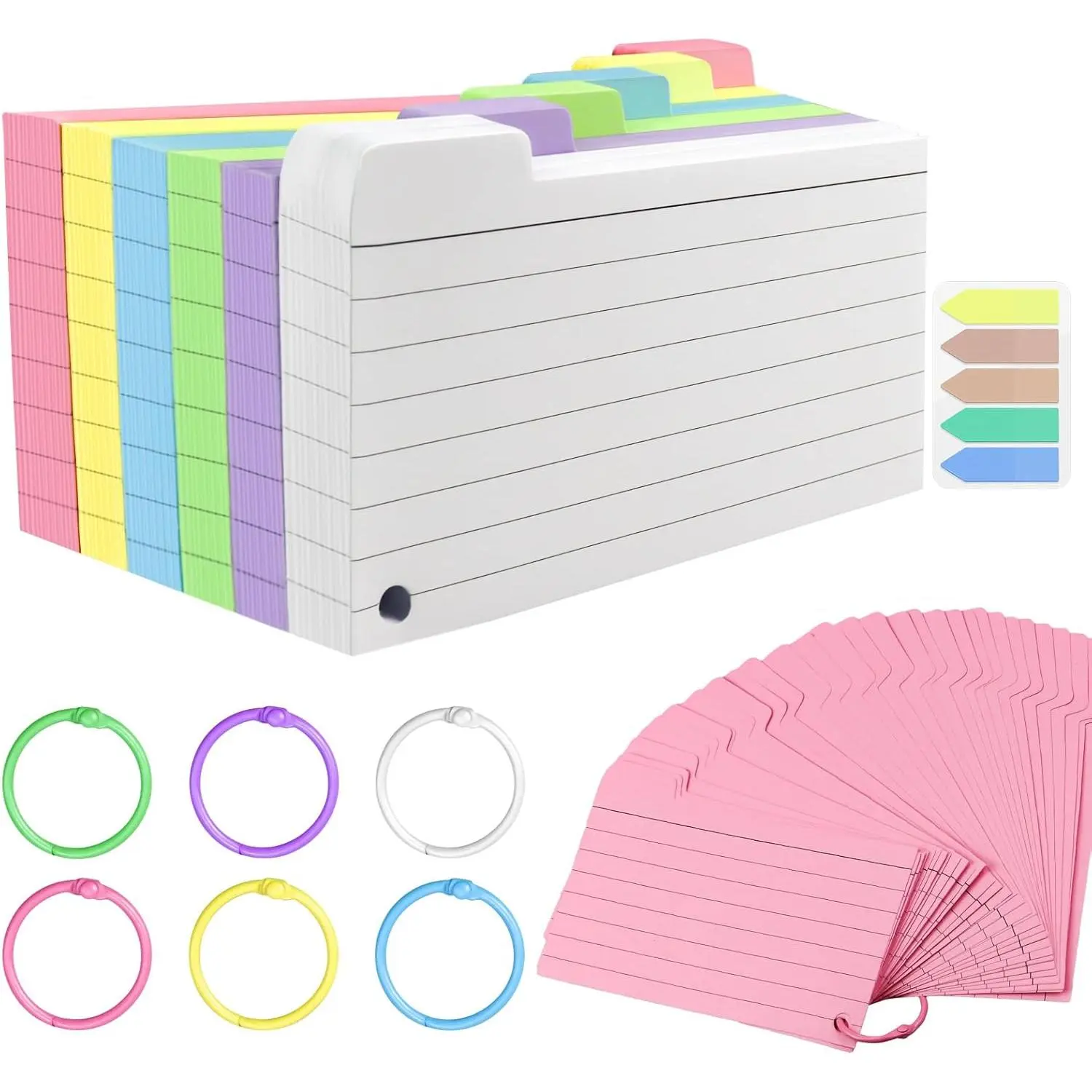 300 Pack Index Cards, 3" x 5" Ruled Index Cards with Ring, Colored Lined Flash Cards, Both Sides Note Cards Study Cards, Memo Scratch Pad for Office School Home (6 Colors)...