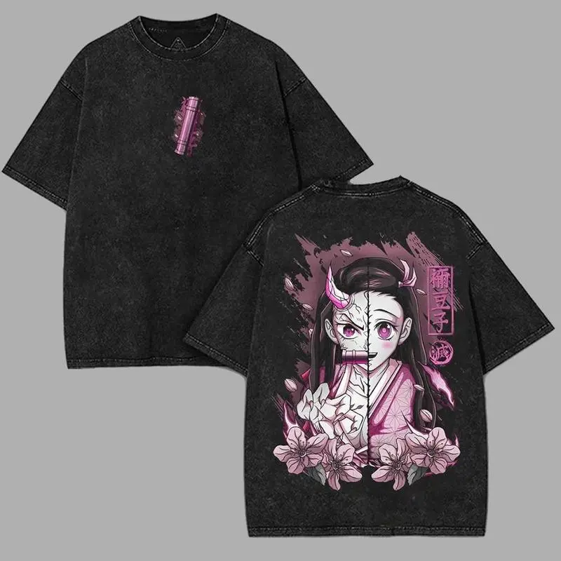 Men's Nezuko Kamado v2 Demon Slayer Kimetsu No Yaiba Vintage Print Cotton Fitted Round Neck Short-Sleeve T-Shirt - Distressed Double-Printed, Casual Streetwear, Unisex Anime Merch, Figure, Graphic