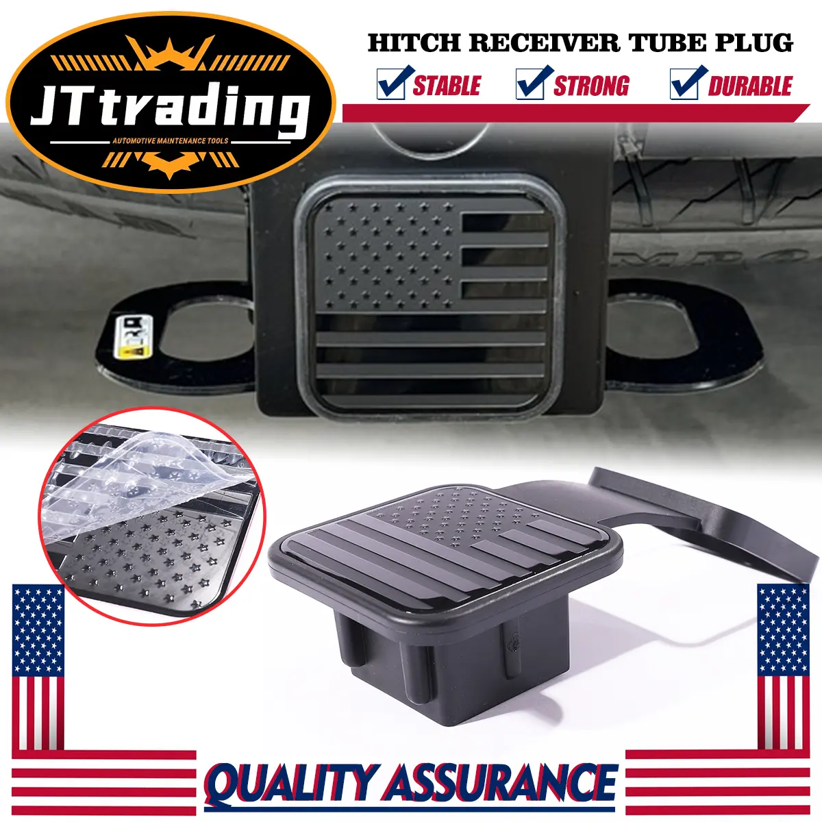 JTtrading Black American Flag Emblem Rubber Trailer Hitch Cover - 2 in Rubber Base Mudproof Tow Tube Plug Cap, Universal Fit for Most Vehicle Hitch Receivers, Durable Easy-Install Car Exterior Accessory with Car Wash Protection