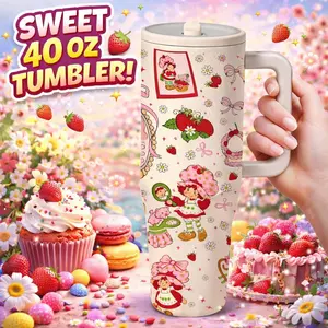 AuraCup 40oz Insulated Tumbler with Handle and Straw, Strawberry Girl Pattern Stainless Steel Travel Cup, Double Wall Vacuum Mug Keeps Drinks Cold Hot, Large Capacity Water Cup for Home Office Car and Outdoor Use, Stainless Steel Thermos
