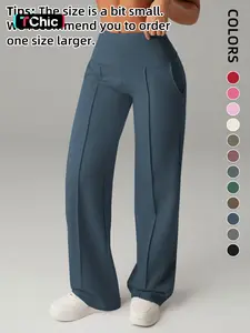 Women's Plain Loose Straight Leg Pants, Wide Leg High Waist Sporty Casual Sweatpants with Pockets, Comfortable Daily Wear Casual Comfy Sporty, Fitness Sports Pants, Breathable Athleisure Bottoms [Fits Small - Size Up Recommended]