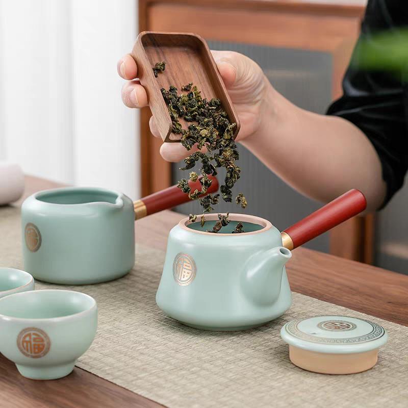 Golden Fortune Ru Kiln Tea Set 10pcs Elegant Ceramic Teapot & Cups in Blue Leather Case Perfect for Tea Enthusiasts