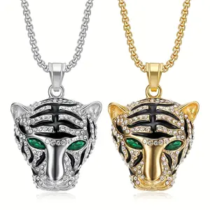 Gold-Plated Titanium Steel Tiger Head Pendant Necklace, Simple Trend Power Clavicle Chain Unisex, New Hip Hop Hiphop Ornament Jewelry Rhinestone