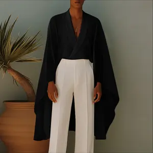 INCERUN Men's Spring Autumn Japanese Kimono Style Cape Blouse, Minimalist V-Neck Tunic with Batwing Sleeves, for Vacation, Runway, Zen-Inspired Wear