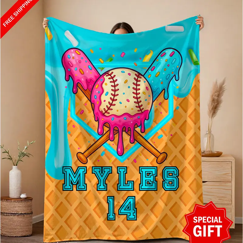 Personalized Ice Cream Drip Baseball Blankets, Custom Name Blanket Gifts, Back to School Gift