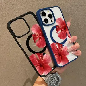 Hibiscus Blooms Pattern Magnetic Phone Case Supports Wireless Charging for iPhone 17 15 16 14 Pro Max 13 12 11 Plus Shockproof Non Slip Protection Silicone Transparent Acrylic Cover Cellphone Protective Protector Casing Smartphone