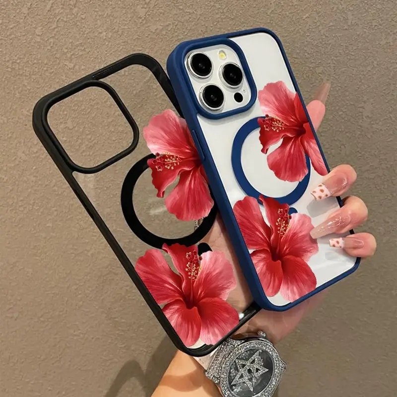 Hibiscus Blooms Pattern Magnetic Phone Case for iPhone 11-17 Series (11/12/13/14 Pro Max/15/16/17 Plus) - Wireless Charging Support, Shockproof, Non-Slip, Silicone-Transparent Acrylic Cover with Resistance, Aesthetic Handheld Devices Accessories, Daily We