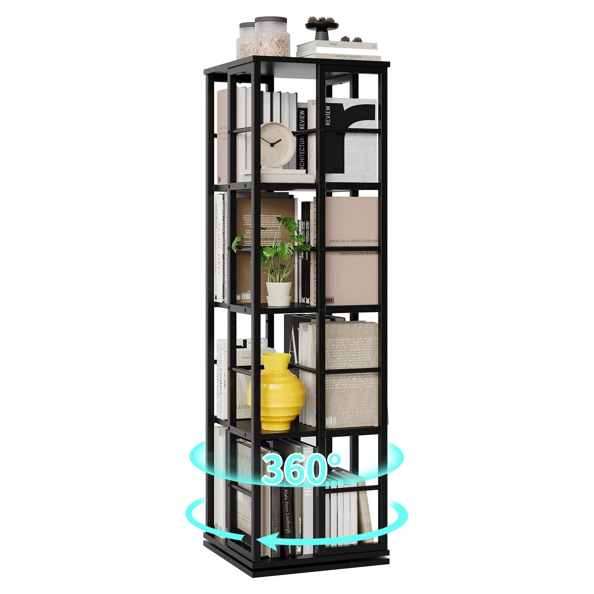 GAOMON 4-Tier Square Rotating Bookshelf - Metal Frame Bookcase Tower with Thick Wood Shelves, 360° Spins, Stable Base, Full Safety Rails, Assembly Required, Space-Saving Corner Shelf for Living Room, Study, Multi-Tiered
