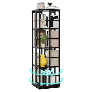 4-Tier Square Rotating Bookshelf, 360° Spinning Bookcase Tower with Stable Base, Modern Space Saving Corner Shelf for Living Room, Study, Bedroom in Black