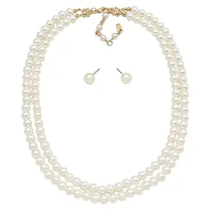 Double Strand Classic Simulated Pearl Necklace and Earring Jewelry Gift Set, 20"- 22" with 2.5" extender (8mm Cream Pearl Gold Tone)