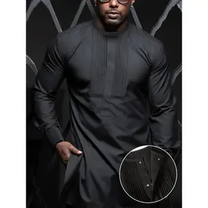 Retro Men's Clothing 2pcs Men's Plus Size African Long Sleeve Set - Crew Neck Shirt With Pleats And Hidden Buttons & Elastic Waist Drawstring Pants, Casual Style Black 2-Piece Set For All Seasons