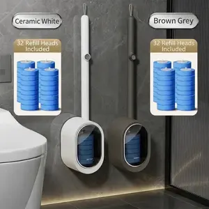 Disposable Toilet Brush Set with 32 Refills, Wall Mounted Deep Cleaning Bathroom Brush, Easy Spring Cleaning Solution