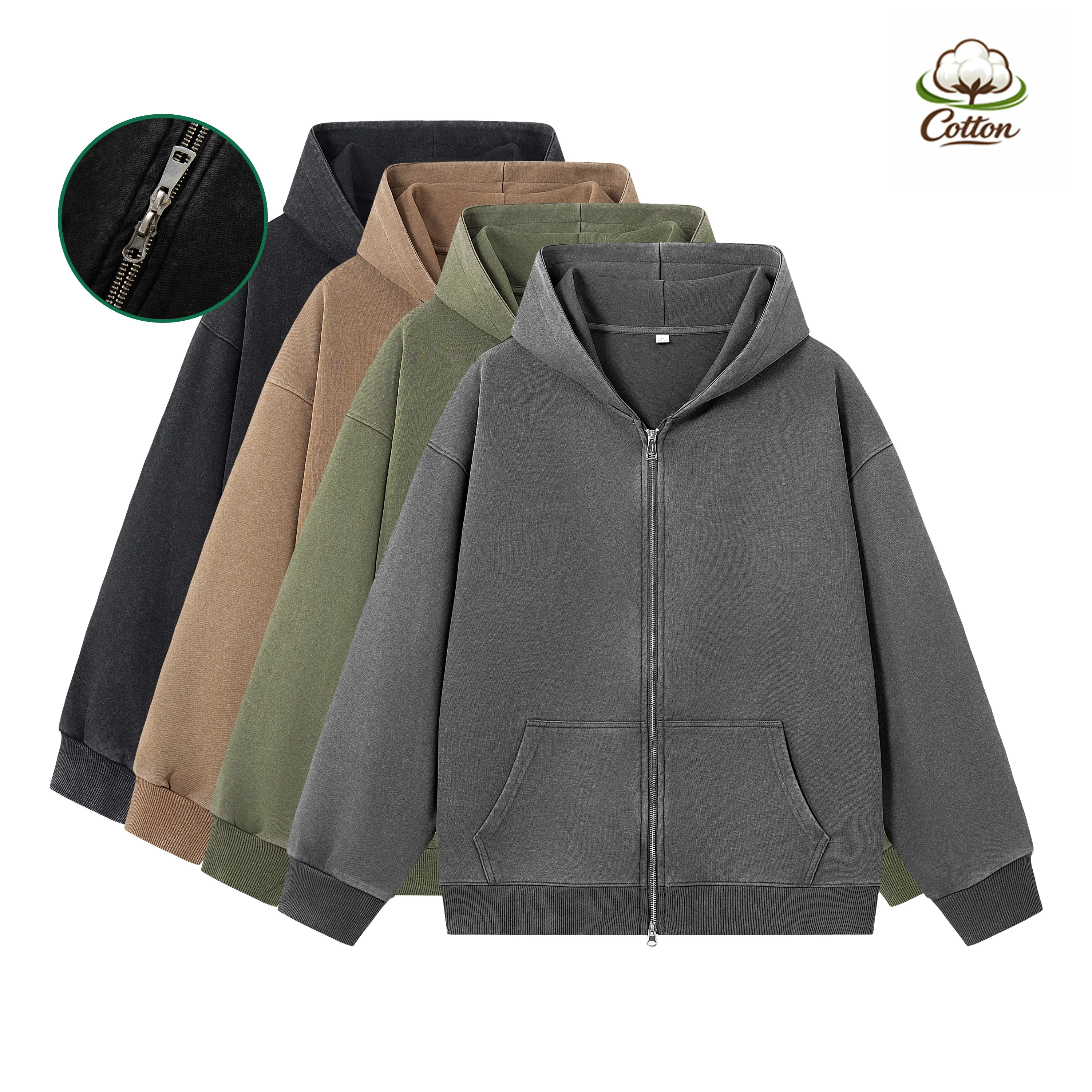 Fall/Winter men’s open-front hoodie jacket made from acid-wash, water-washed cotton with double zippers; suitable for both men and women, ideal for sports, everyday wear, and outdoor outfits.